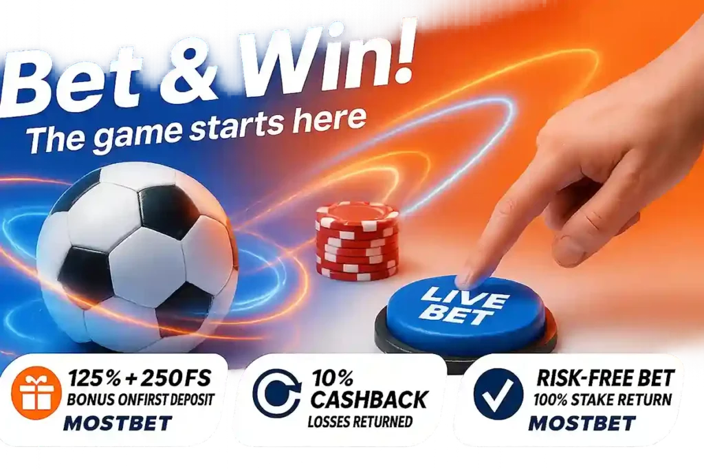 (Kép: Mostbet logó és platform bemutató – sportfogadás, kaszinó és mobilalkalmazás felülete együtt)